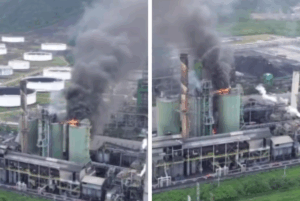 Um incêndio de grandes proporções atingiu, na tarde desta quinta-feira (19), o setor externo da indústria petroquímica Petrocoque, localizada