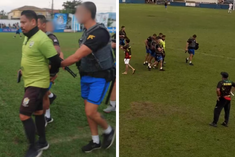 Um homem procurado pela Justiça foi preso enquanto trabalhava como árbitro na final de um campeonato de futebol de várzea em Guarujá, no