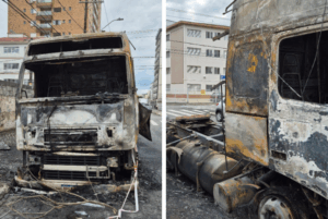 Na madrugada de terça-feira (24), um incêndio de grandes proporções atingiu um caminhão estacionado na Rua Londrina, no bairro Boqueirão,