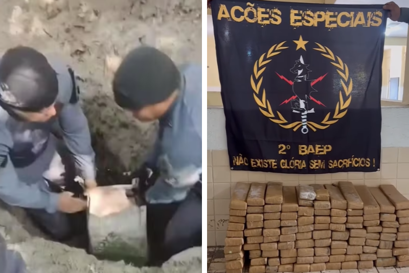Policiais do 2º Batalhão de Ações Especiais de Polícia (Baep) apreenderam, nesta quarta-feira (4), mais de 100 quilos de maconha enterrados