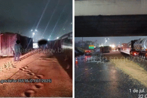 Uma carreta carregada com 37 toneladas de soja tombou na Rodovia Cônego Domênico Rangoni, em Cubatão, no litoral de São Paulo, na madrugada