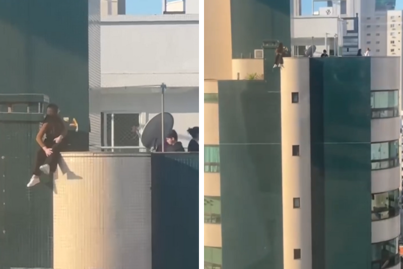 Uma adolescente foi flagrada sentada no parapeito de um prédio de nove andares em Balneário Camboriú, no Litoral Norte de Santa Catarina,