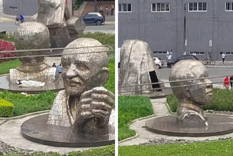 Escultura é depredada na Praça da Paz e moradores relatam insegurança em Praia Grande
