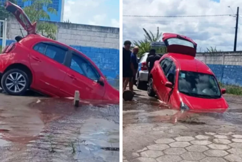 Carro cai em cratera causada por rompimento de tubulação em Itanhaém; escola suspende aulas
