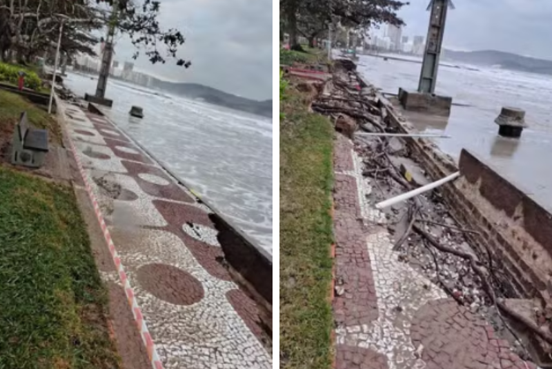 Santos inicia reconstrução do calçadão destruído por ressaca de julho; obra vai até 2026