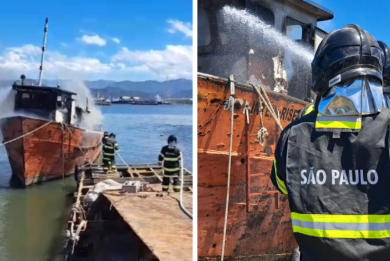 Incêndio atinge barco em reforma em marina de Vicente de Carvalho, em Guarujá