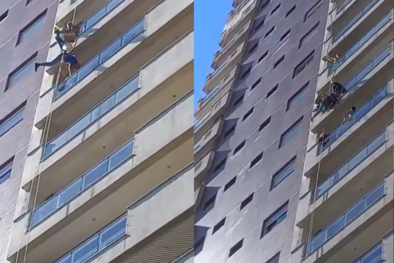 Um trabalhador de aproximadamente 52 anos sofreu um mal súbito e ficou pendurado por uma corda na altura do 9º andar de um prédio...