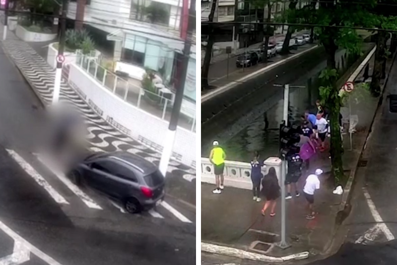 Motorista bêbado atropela pedestre e o arremessa em canal em Santos; Vídeo