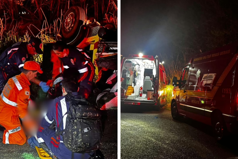 Caminhão carregado com adubo capota e deixa motorista ferido em Uberaba