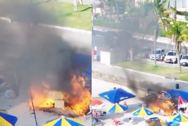 Um incêndio destruiu completamente um carrinho de frutos do mar na faixa de areia da praia da Enseada, em Guarujá (SP)...