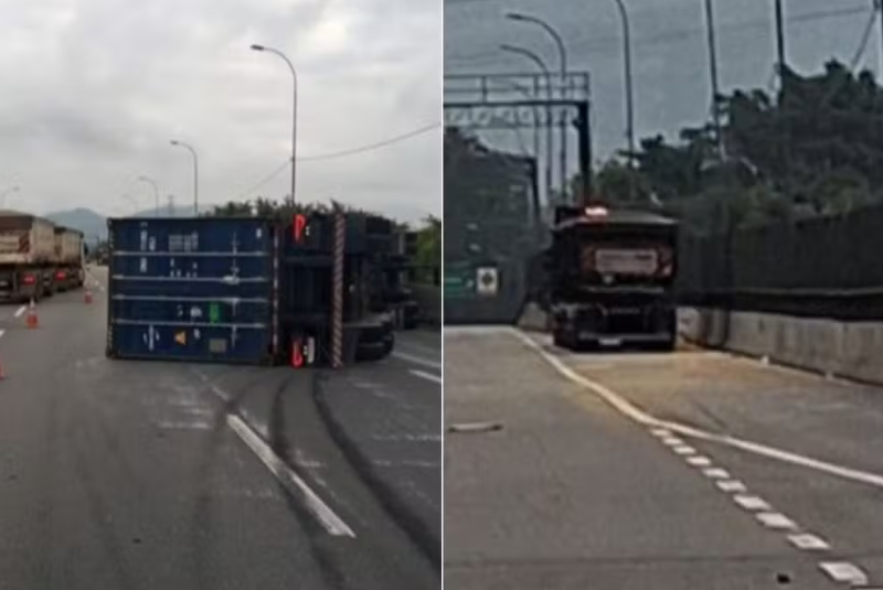 Uma carreta tombou após colidir com outro caminhão na manhã desta segunda-feira (1), na rodovia Cônego Domênico Rangoni, em Cubatão...