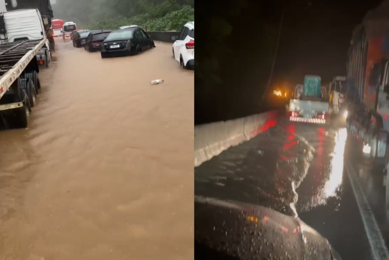 Uma forte chuva atingiu a Baixada Santista na tarde desta terça-feira (16) e transformou a Rodovia Cônego Domênico Rangoni...