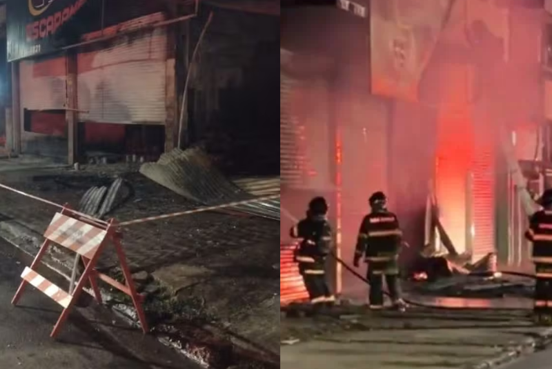 Um incêndio de grandes proporções destruiu uma loja de autopeças na Vila Caiçara, em Praia Grande, no litoral de São Paulo.