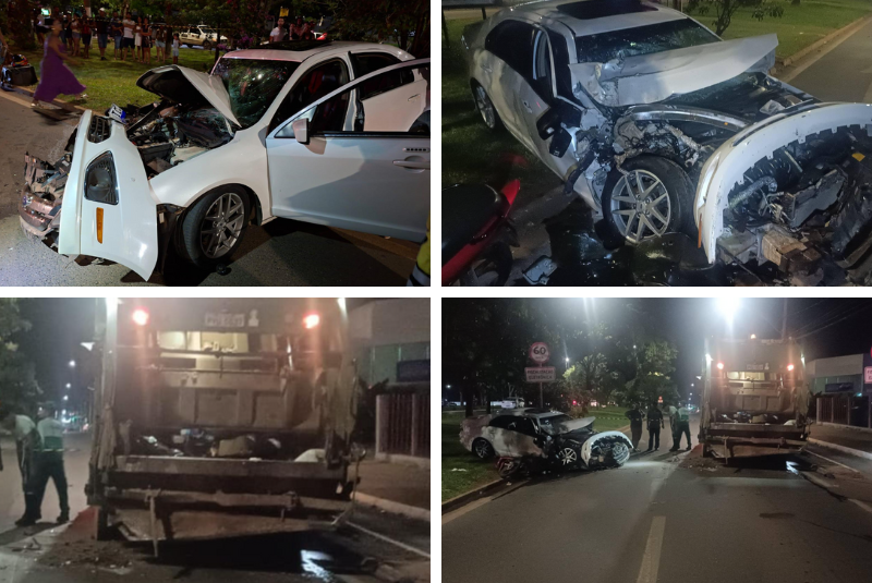Motorista embriagado bate em caminhão de lixo e quase atinge garis em acidente grave