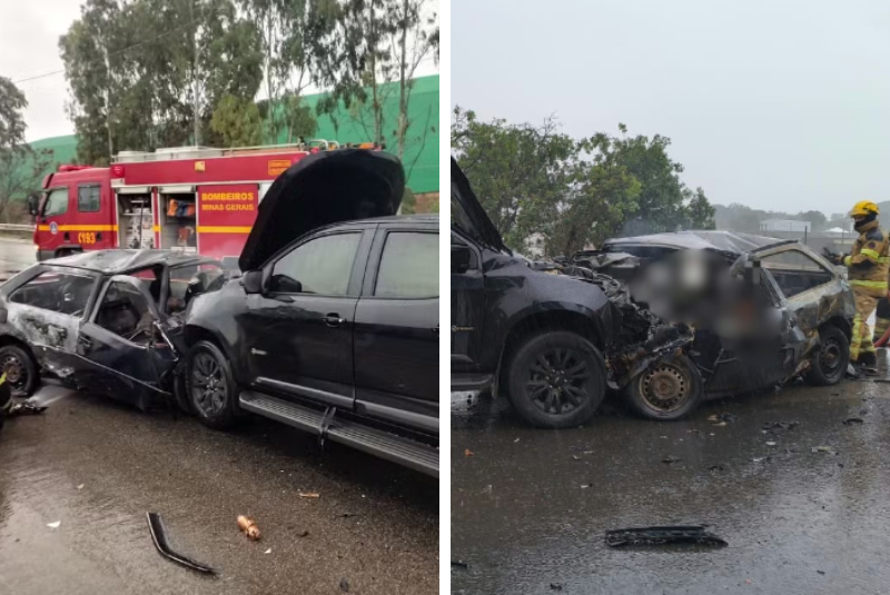 Colisão frontal na BR-040 deixa dois mortos e veículo em chamas em Paracatu