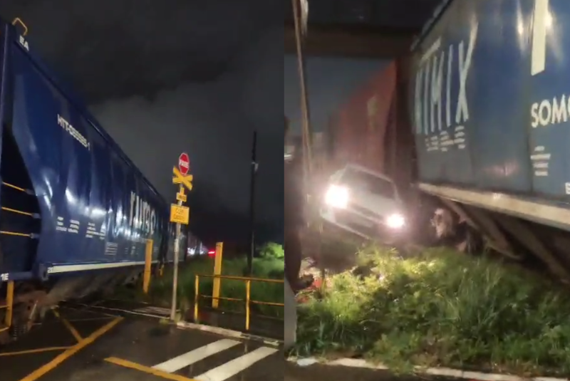 Um carro foi atingido por um trem de cargas na noite deste domingo (23), em Vicente de Carvalho, distrito de Guarujá (SP).