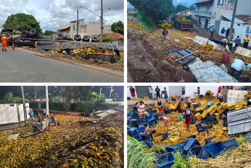 Caminhão carregado com 24 toneladas de manga tomba em rodovia de Uberaba e motorista fica ferido