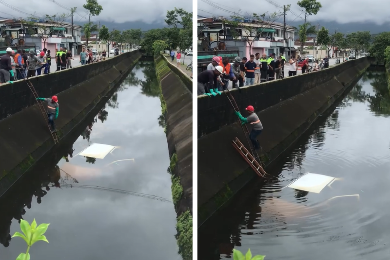 Carro cai em canal no Jardim Samambaia e motorista sai ileso em Praia Grande
