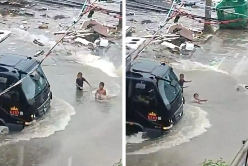 Crianças quase são atingidas por caminhão durante enchente em Guarujá