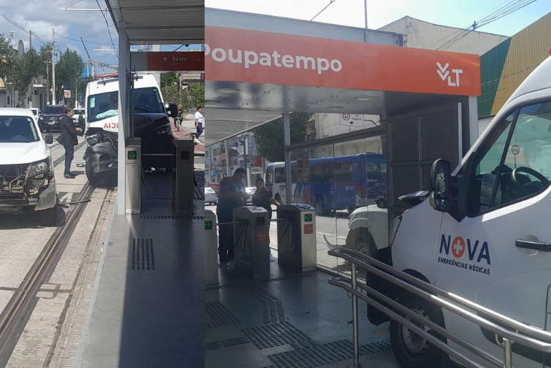 Uma ambulância colidiu com uma caminhonete e acabou atingindo a parada do Poupatempo do Veículo Leve sobre Trilhos (VLT), na Rua...