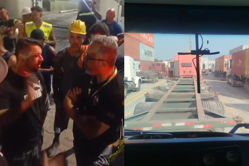 Caminhoneiros que atuam na Brasil Terminal Portuário (BTP), no Porto de Santos, realizam um protesto desde a madrugada desta sexta-feira...