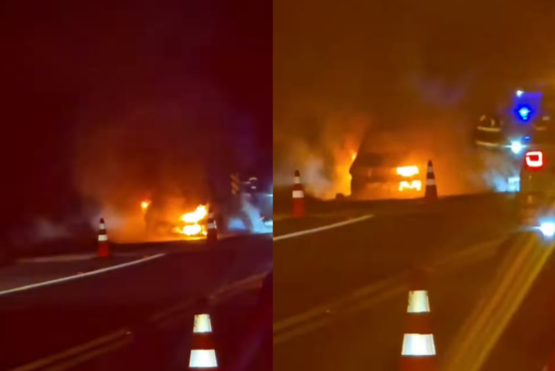 Um carro ficou completamente destruído após pegar fogo na Rodovia Padre Manoel da Nóbrega, em Santos, no litoral de São Paulo, na madrugada...