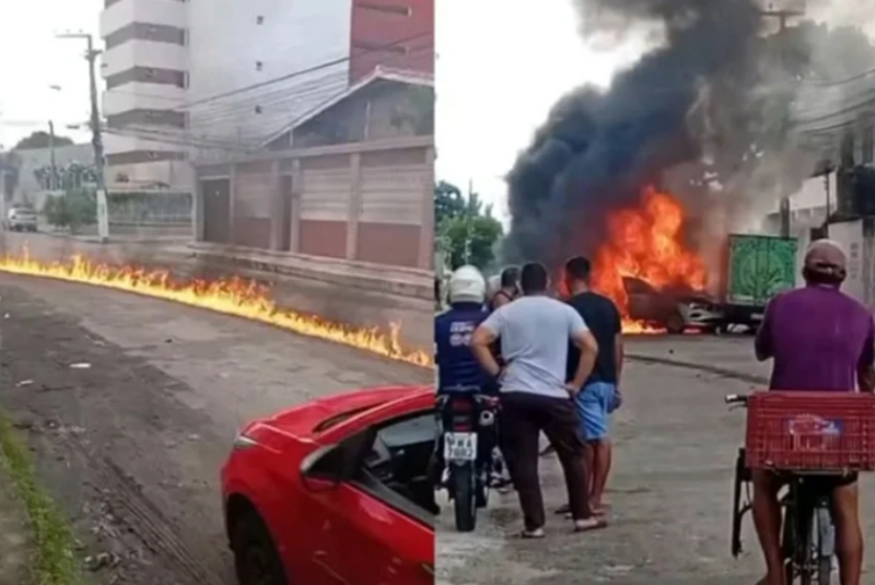 Briga de trânsito termina com explosão após carro arrastar moto em Fortaleza