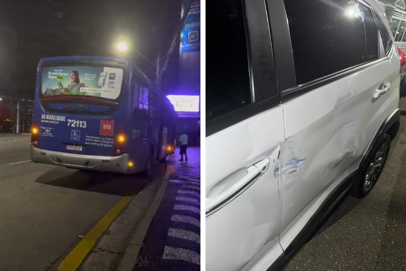Motorista relata prejuízo após colisão com ônibus na Praça da Independência, em Santos