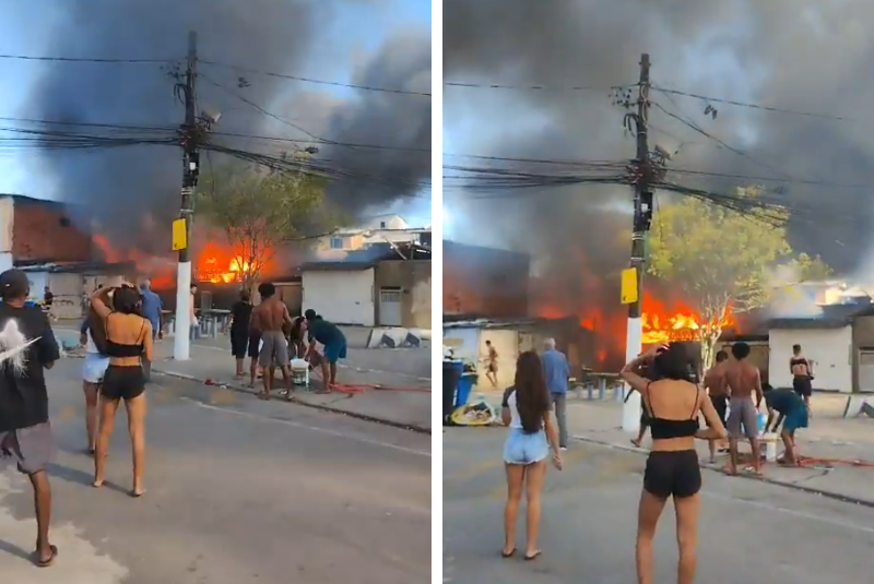 Incêndio atinge moradias de madeira na comunidade do Mangue Seco em Santos; mulher fica ferida