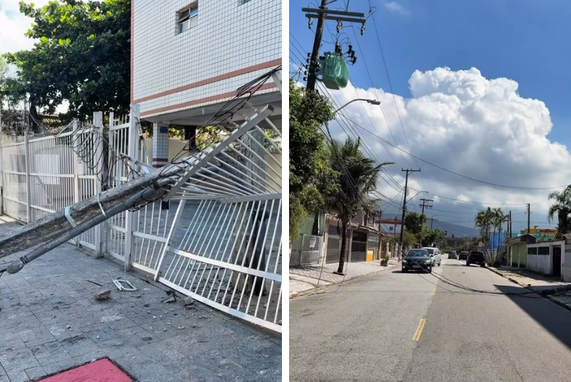Caminhão derruba poste após enroscar em fiação e danifica portão de prédio em Praia Grande