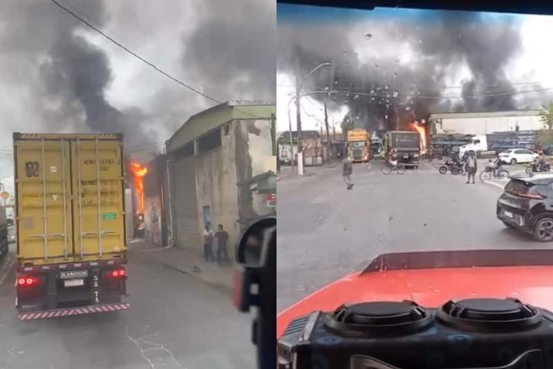Incêndio destrói oficina de caminhões e mobiliza 21 bombeiros em Guarujá
