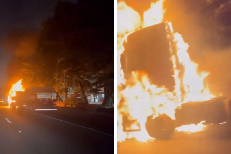 Incêndio destrói cabine de carreta no acesso ao Guarujá