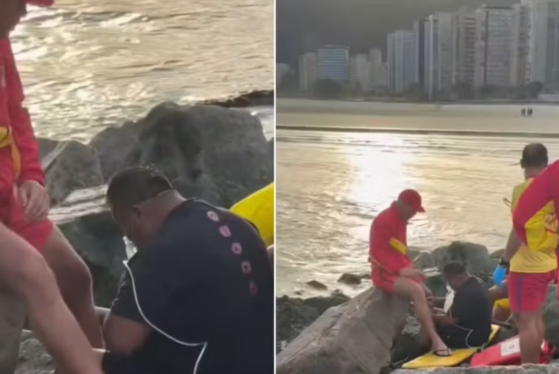 Boliviano é resgatado por bombeiros após ficar 30 minutos preso em pedras na praia
