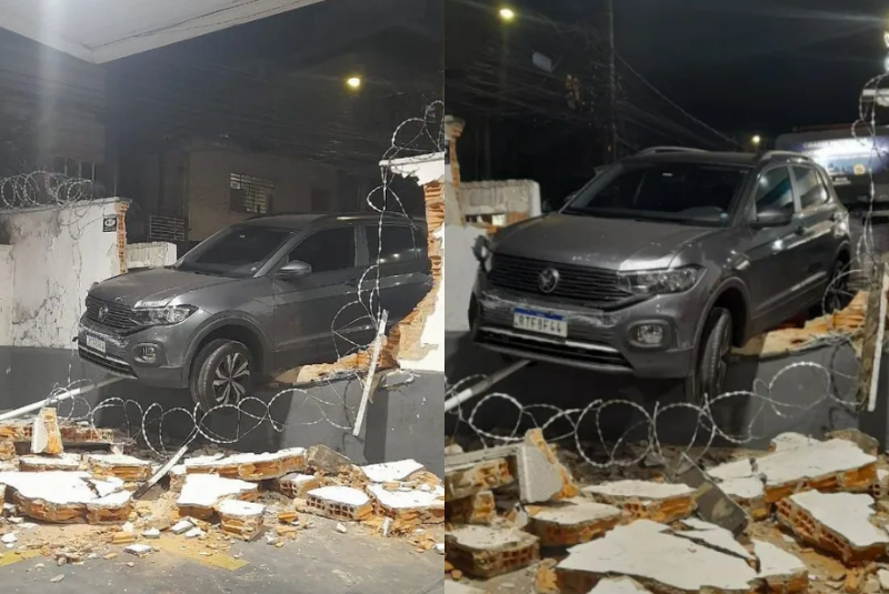 acidente Belo Horizonte, carro pendurado em muro, motorista perde controle, bairro Floresta, farmácia, posto de combustíveis, trânsito BH, acidente sem feridos, segurança no trânsito, destroços de carro, reboque, notícias de BH, ISN Online, Portal ISN