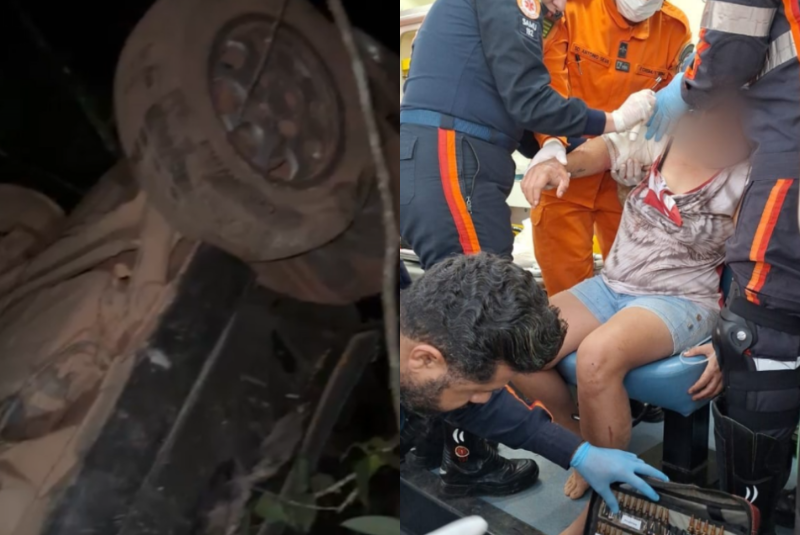 Casal é resgatado após carro despencar de ribanceira de 50 metros em Goiás