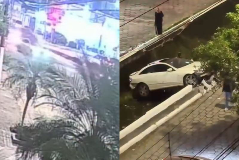 Carro cai em canal de avenida em Guarujá; causas do acidente ainda são desconhecidas