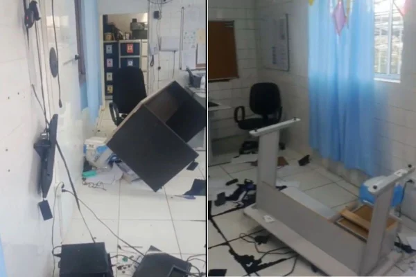 Imagens divulgadas após a ocorrência mostram parte do interior da creche danificada, com objetos espalhados pelo chão.