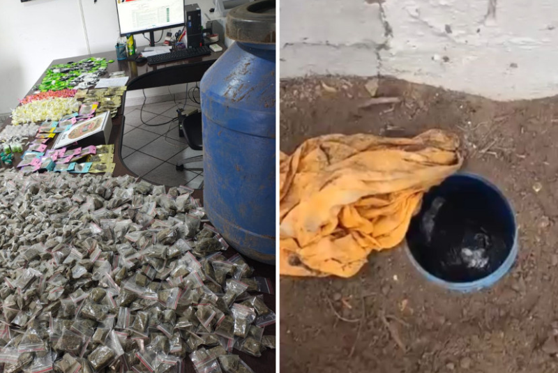 Um tonel enterrado no quintal de uma casa levou a Polícia Civil a apreender mais de 2,3 mil porções de drogas e prender um homem...