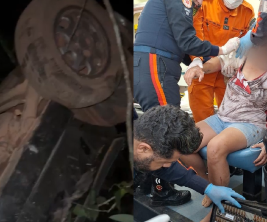 Casal é resgatado após carro despencar de ribanceira de 50 metros em Goiás