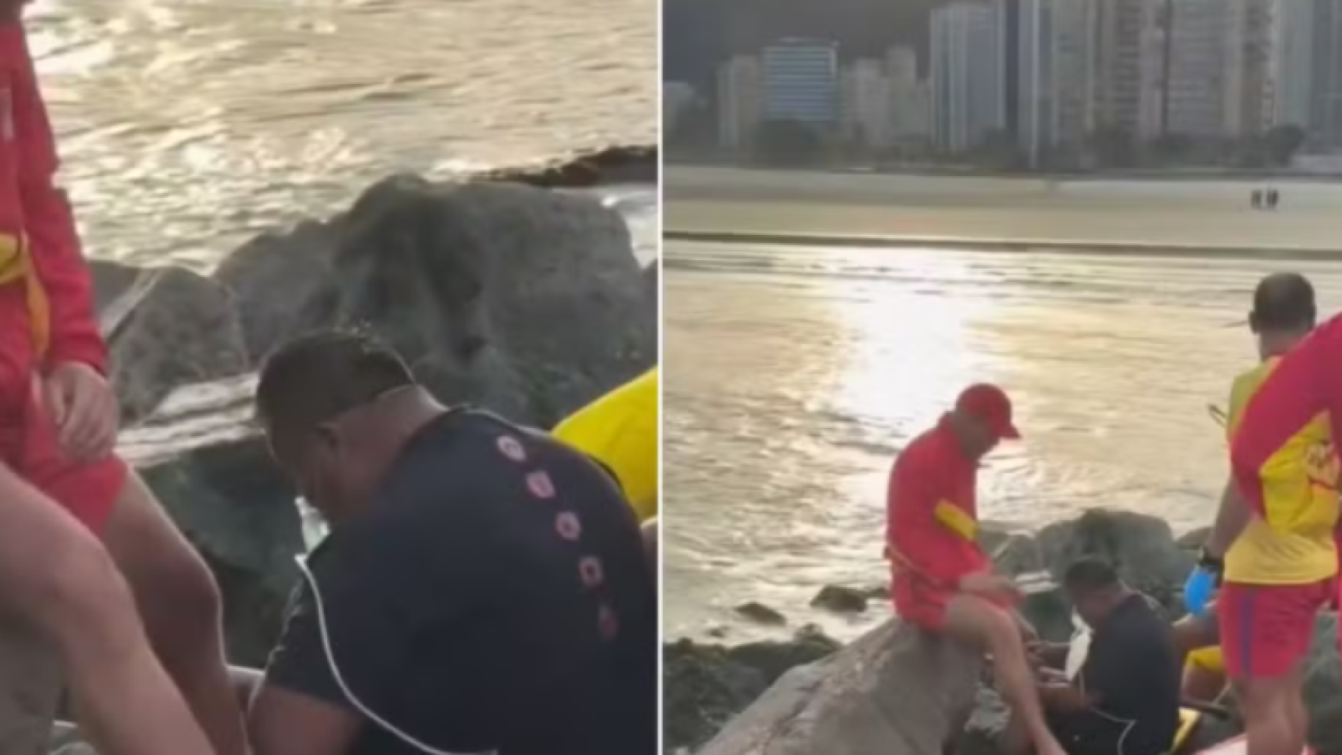 Boliviano é resgatado por bombeiros após ficar 30 minutos preso em pedras na praia