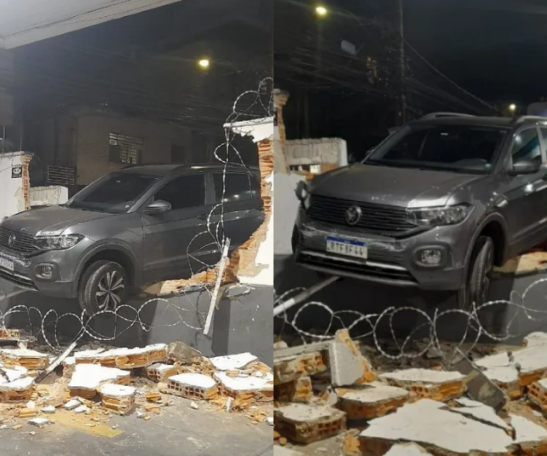 acidente Belo Horizonte, carro pendurado em muro, motorista perde controle, bairro Floresta, farmácia, posto de combustíveis, trânsito BH, acidente sem feridos, segurança no trânsito, destroços de carro, reboque, notícias de BH, ISN Online, Portal ISN