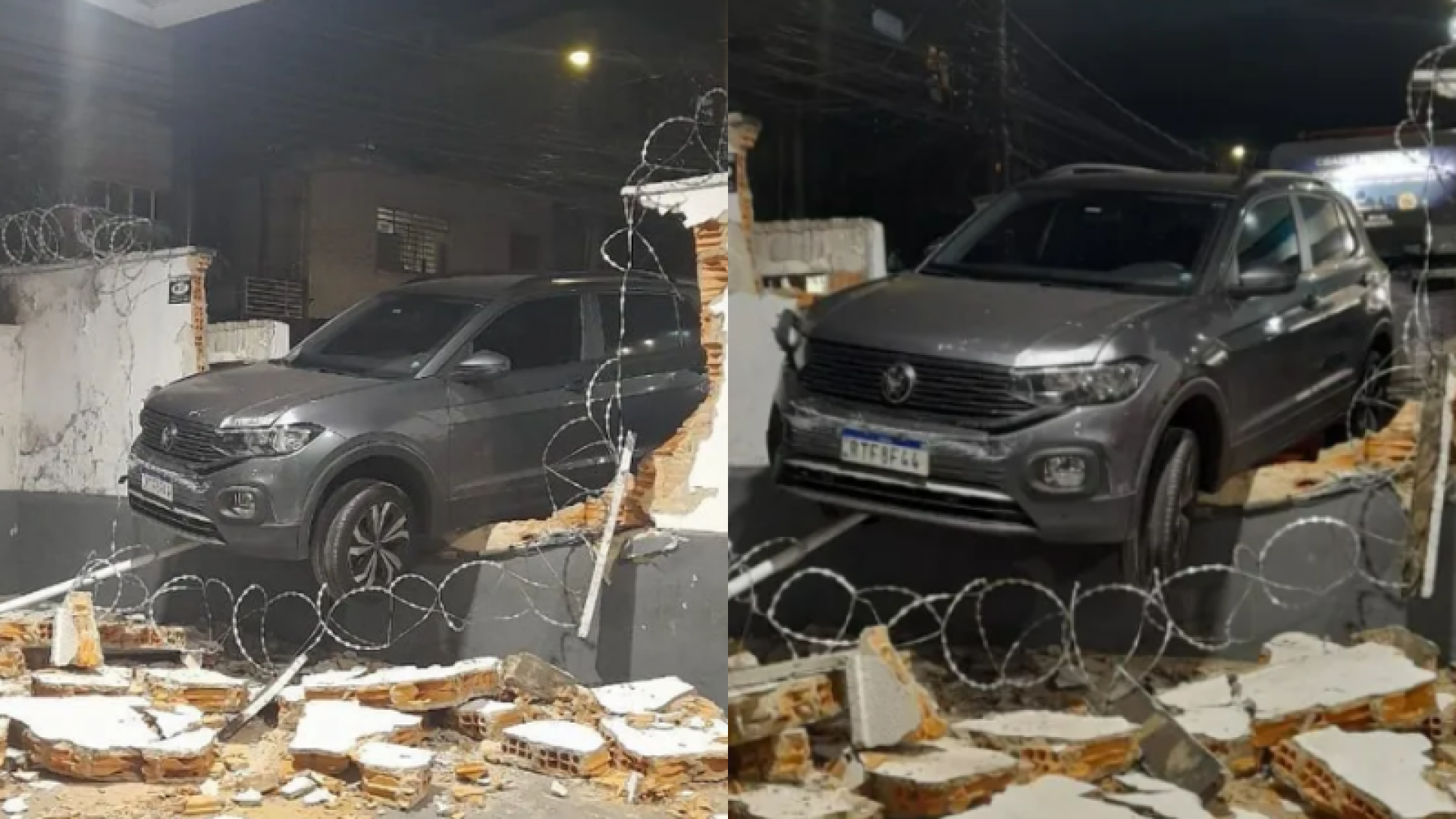 acidente Belo Horizonte, carro pendurado em muro, motorista perde controle, bairro Floresta, farmácia, posto de combustíveis, trânsito BH, acidente sem feridos, segurança no trânsito, destroços de carro, reboque, notícias de BH, ISN Online, Portal ISN