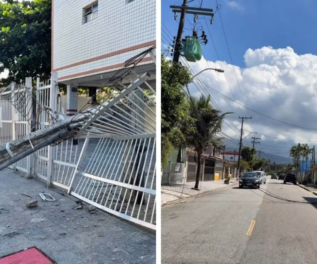 Caminhão derruba poste após enroscar em fiação e danifica portão de prédio em Praia Grande