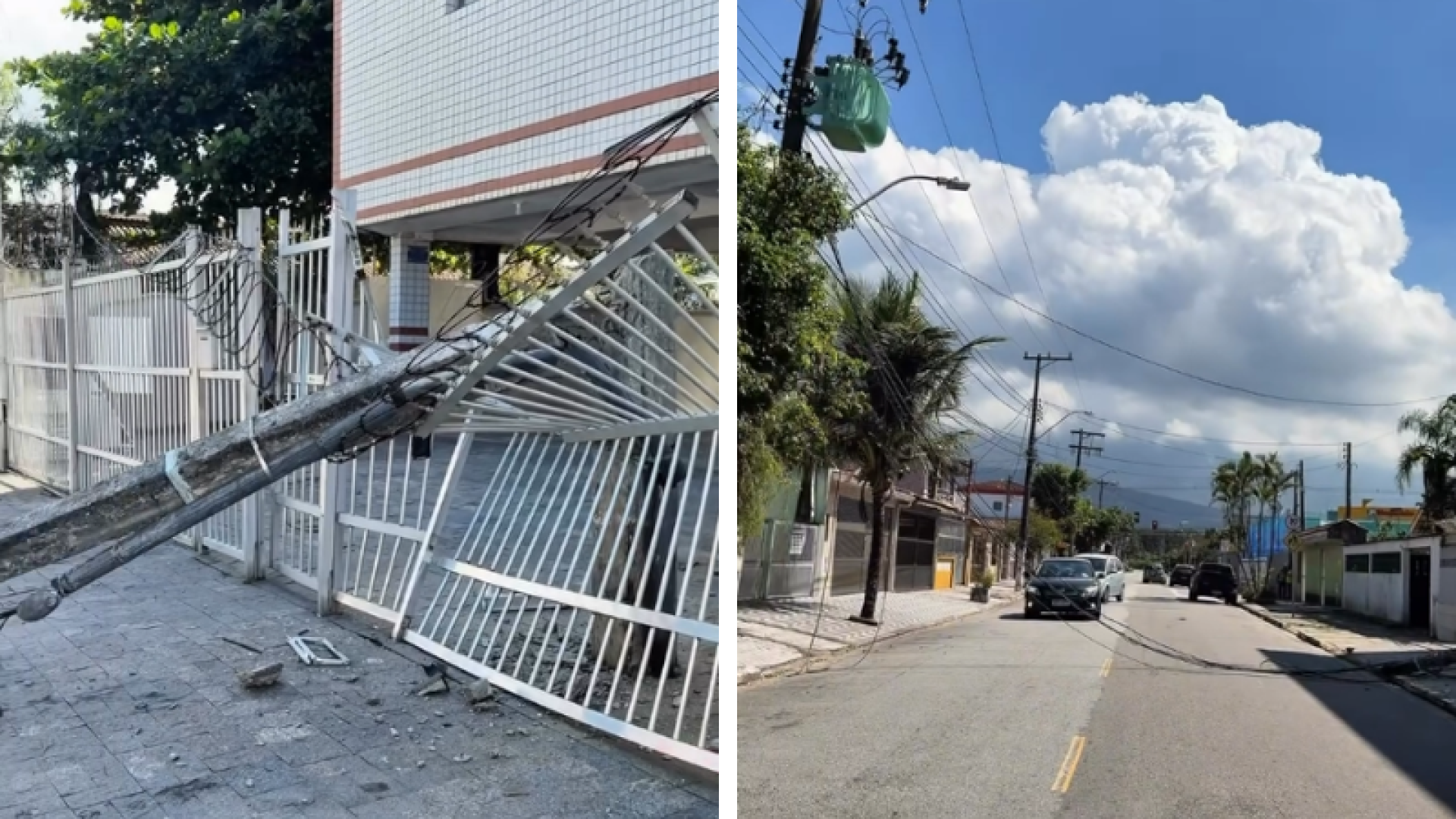 Caminhão derruba poste após enroscar em fiação e danifica portão de prédio em Praia Grande