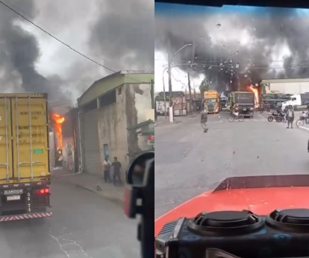 Incêndio destrói oficina de caminhões e mobiliza 21 bombeiros em Guarujá