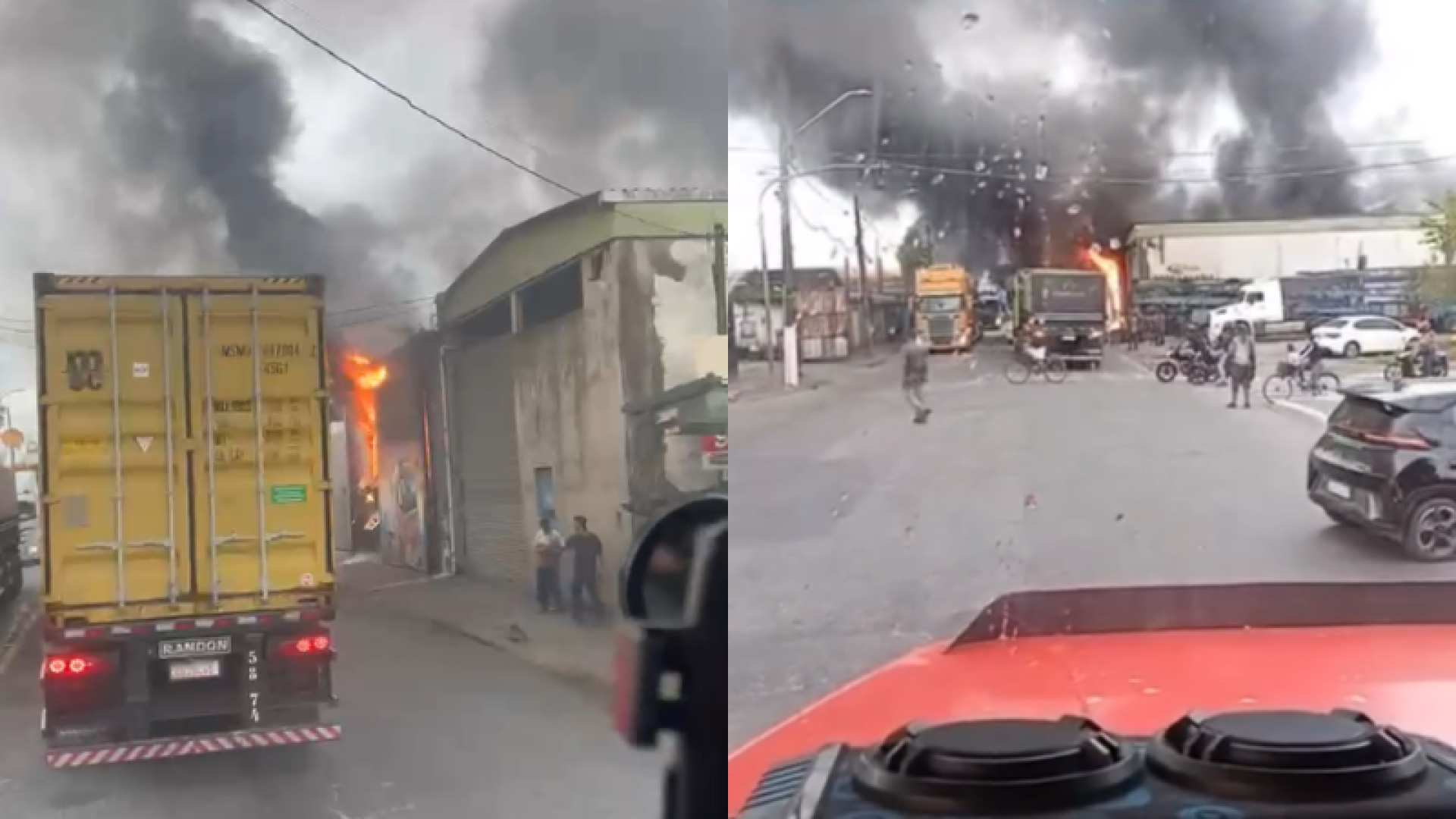 Incêndio destrói oficina de caminhões e mobiliza 21 bombeiros em Guarujá