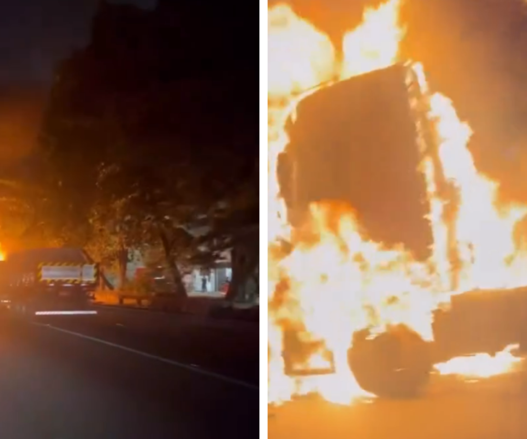 Incêndio destrói cabine de carreta no acesso ao Guarujá