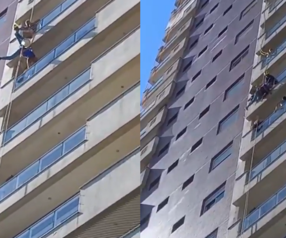 Um trabalhador de aproximadamente 52 anos sofreu um mal súbito e ficou pendurado por uma corda na altura do 9º andar de um prédio...
