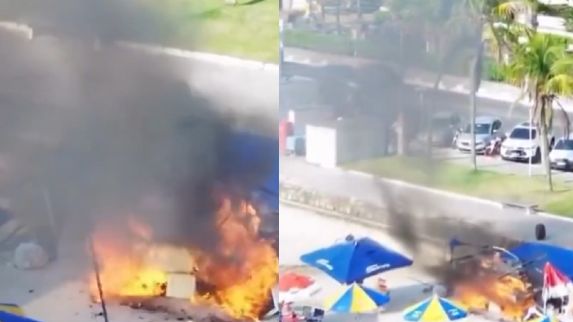Um incêndio destruiu completamente um carrinho de frutos do mar na faixa de areia da praia da Enseada, em Guarujá (SP)...