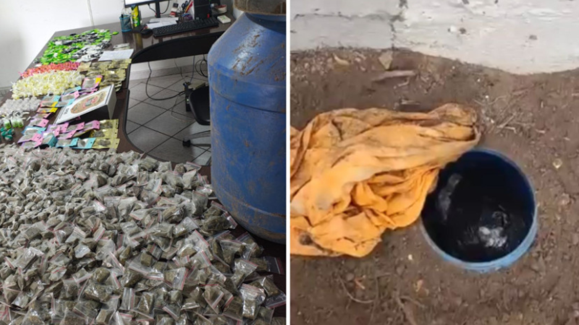 Um tonel enterrado no quintal de uma casa levou a Polícia Civil a apreender mais de 2,3 mil porções de drogas e prender um homem...